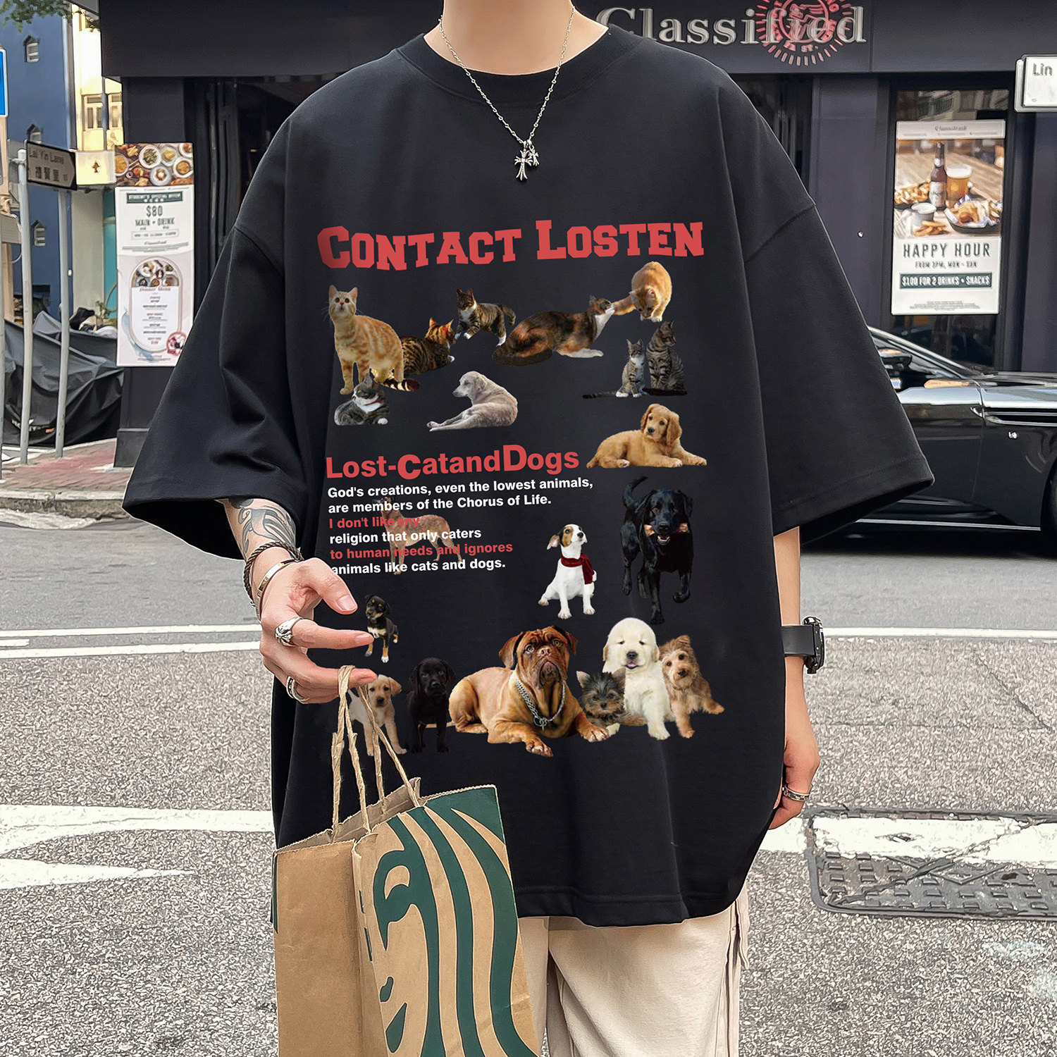 直播有280克重磅美式猫狗趣事印花短袖T恤半袖衫男H843P28,男装T恤,电商A341