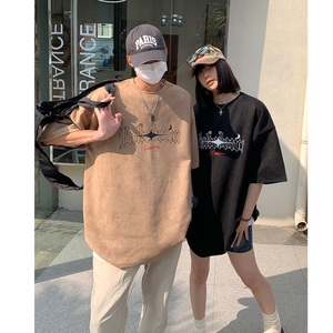 情侣装高街潮设计鹿皮绒印花情侣短袖T恤上衣男 H828 P35控48图片