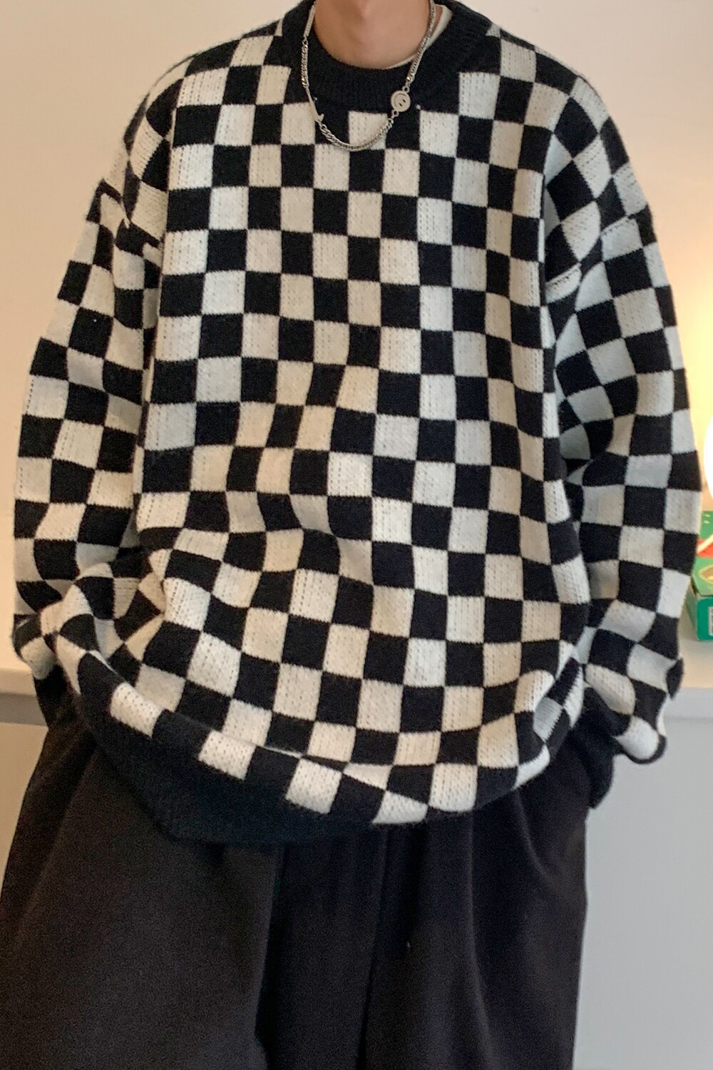 主推港风秋冬装棋盘格套头情侣长袖毛衣针织衫H681P78控98男类,男装针织衫/毛衣,电商A341