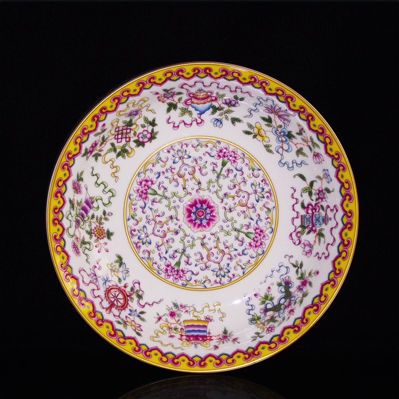 景德镇五彩八宝缠枝吉祥纹仿古陶瓷家用菜盘子复古宫廷风格展示盘