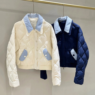 深圳南油高端女装2025冬季新款撞色拼接翻领短款轻薄羽绒服外套女