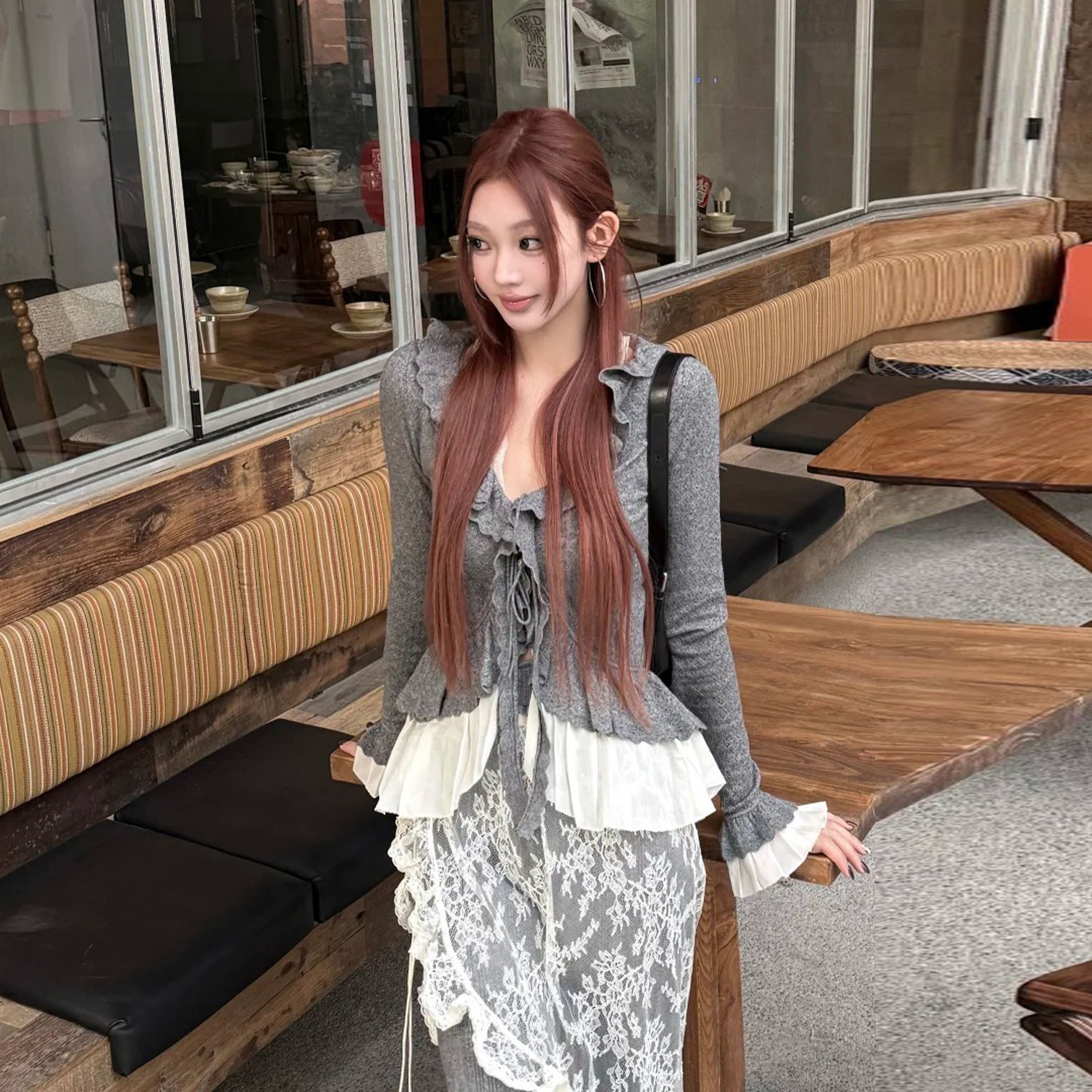 韩系高级感灰色假两件荷叶边针织衫百搭毛衣开衫搭针织长裤两件套,女装/女士精品,时尚套装,淘宝优惠券,粉丝福利购,淘宝优惠卷