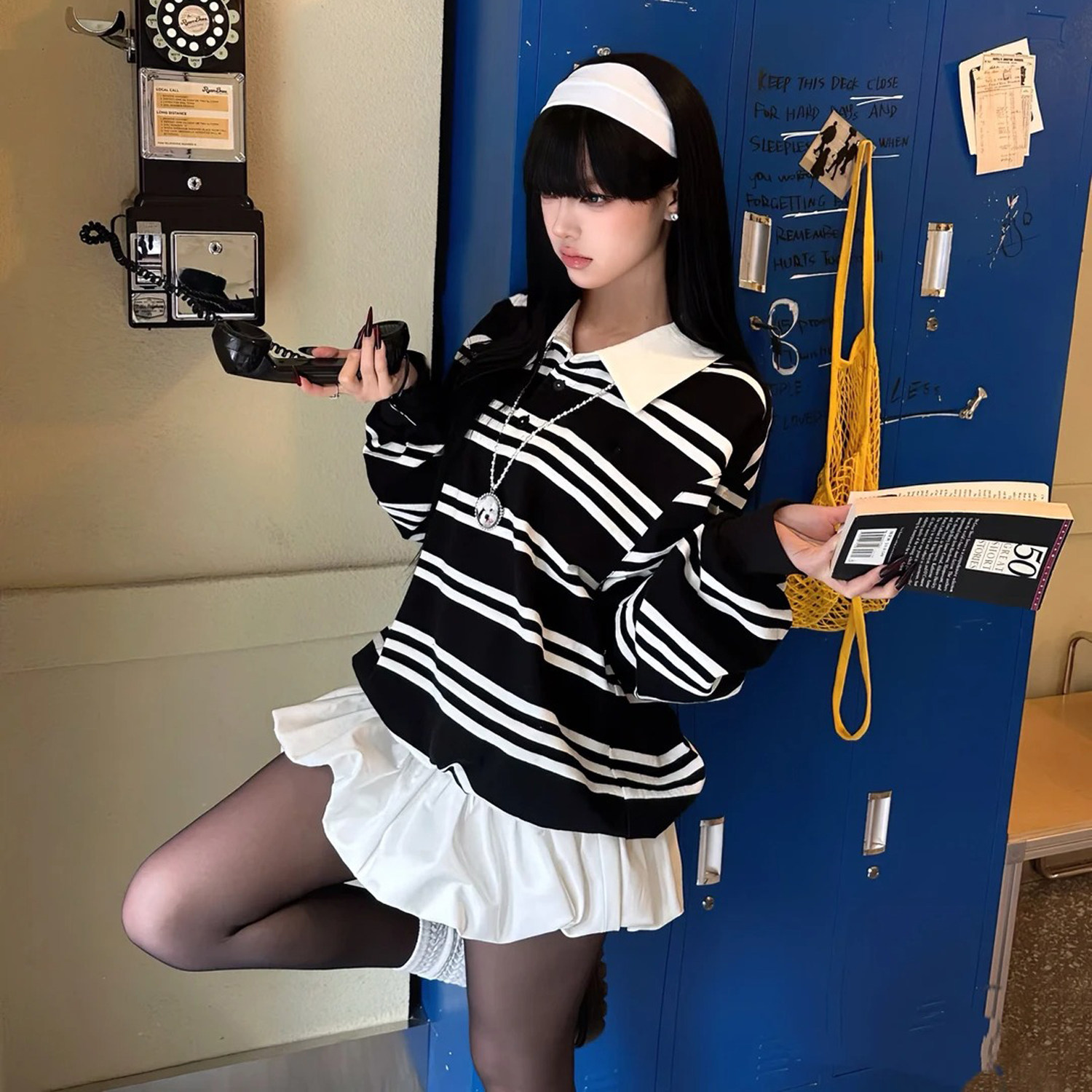 美式复古辣妹百搭黑白条纹针织衫搭宽松休闲显瘦短款花苞裙两件套,女装/女士精品,时尚套装,淘宝优惠券,粉丝福利购,淘宝优惠卷