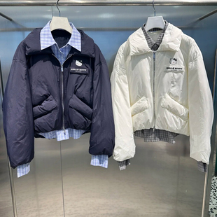 深圳南油高端女装2025冬季新款设计师款拼接深蓝短款羽绒服外套女