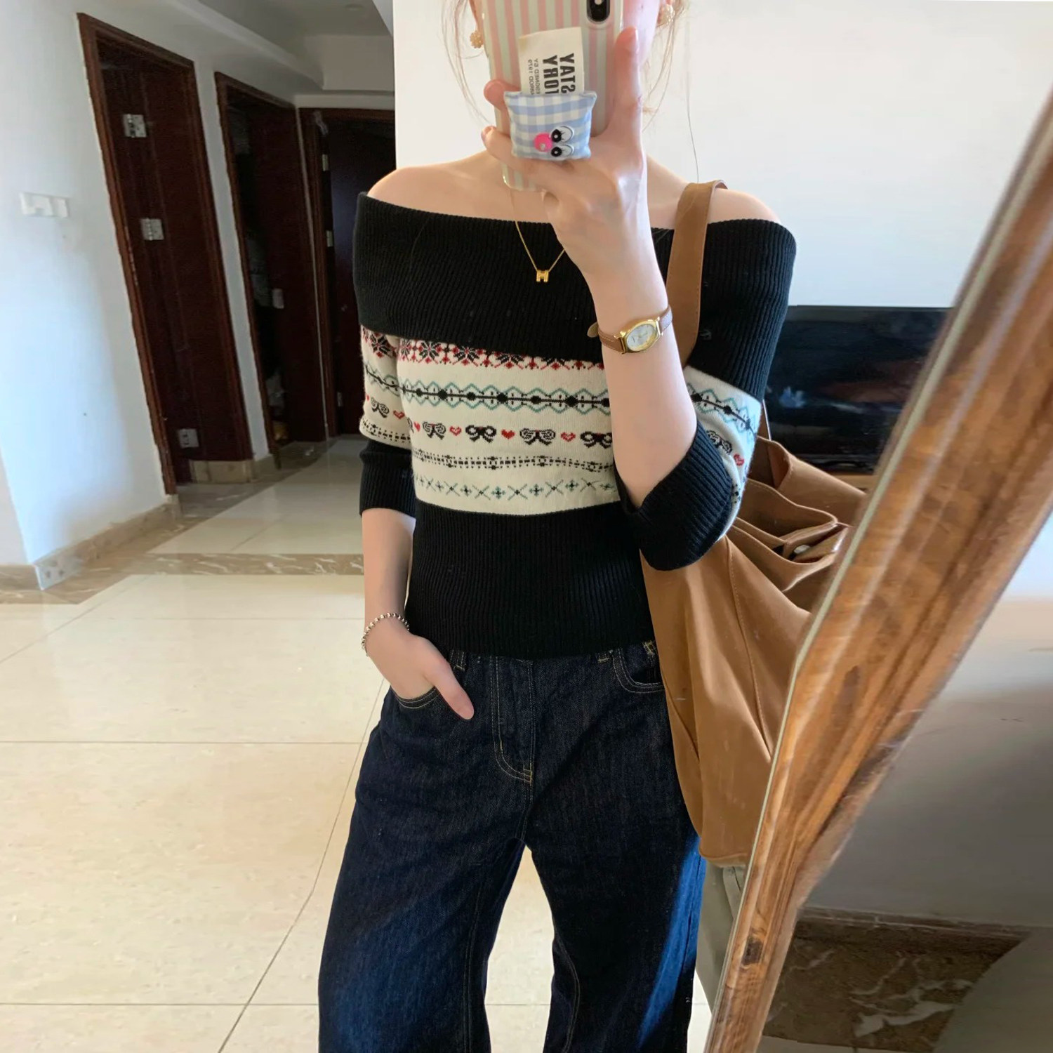 美式复古一字肩时髦独特超好看撞色保暖修身毛衣女拼接针织上衣女,女装/女士精品,毛针织衫,淘宝优惠券,粉丝福利购,淘宝优惠卷