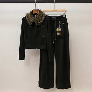 深圳南油高端女装2025冬季新款氛围感环保毛领短外套阔腿裤两件套