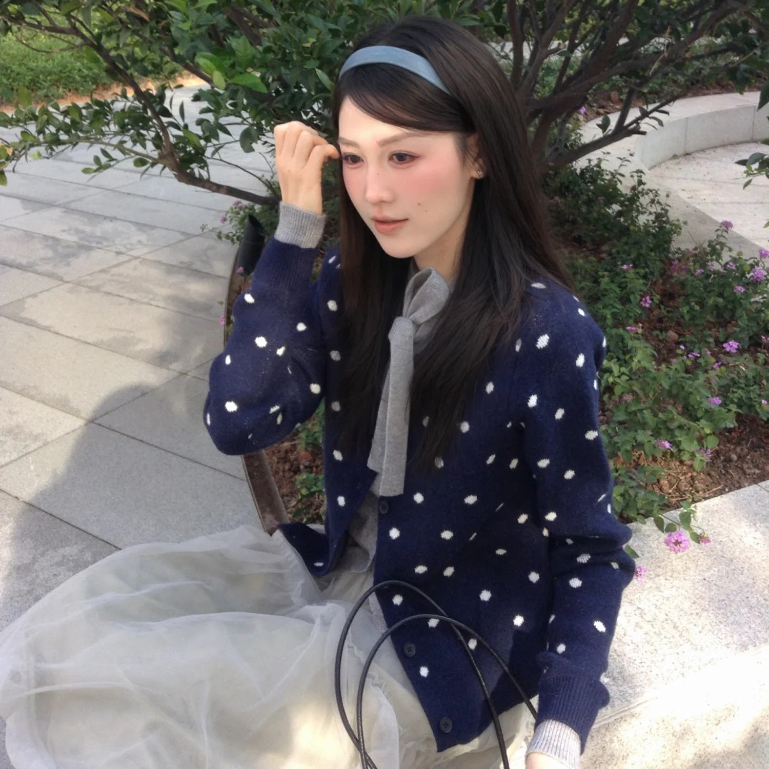 藏蓝色新款复古波点满印假两件毛衣针织开衫女外套百搭显瘦上衣潮