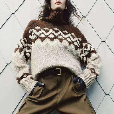 复古费尔岛提花立领宽松针织衫女