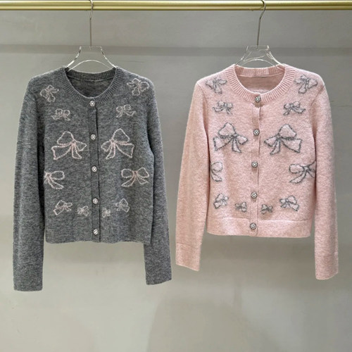 蝴蝶结印花圆领修身短款针织开衫