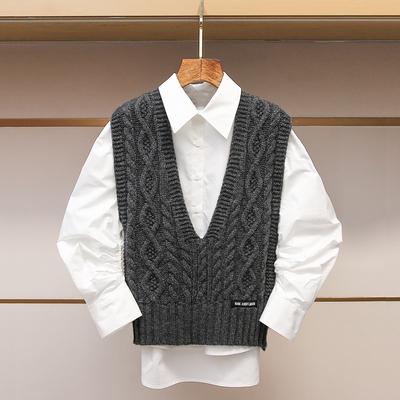 真两件针织背心衬衫复古学院风