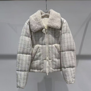深圳南油高端女装2025冬季新款短款格纹羽绒服女毛领拉链厚款外套