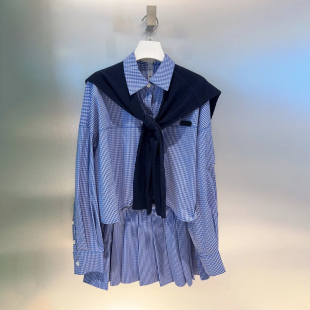 藏青毛织披肩格纹衬衫 新品 百褶裙两件套 25秋季 深圳南油高端女装
