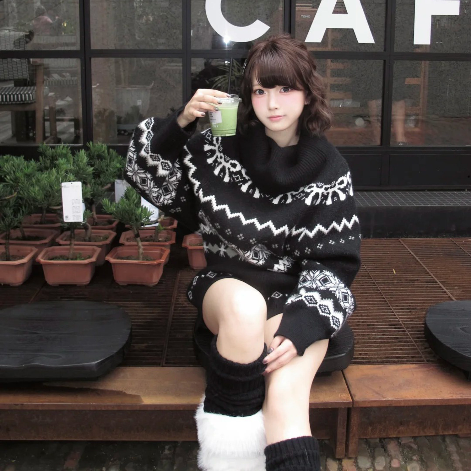 美式复古费尔岛高领提花长袖毛衣外套针织时尚气质上衣女短裤套装