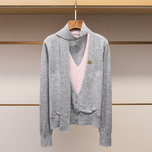 深圳南油高端女装2025冬季新款假两件拼色v领飘带针织开衫外套女