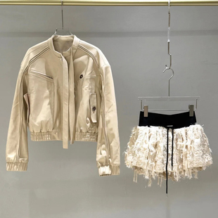 深圳南油高端女装2026春季新款复古机车风皮夹克百搭高腰裙套装女