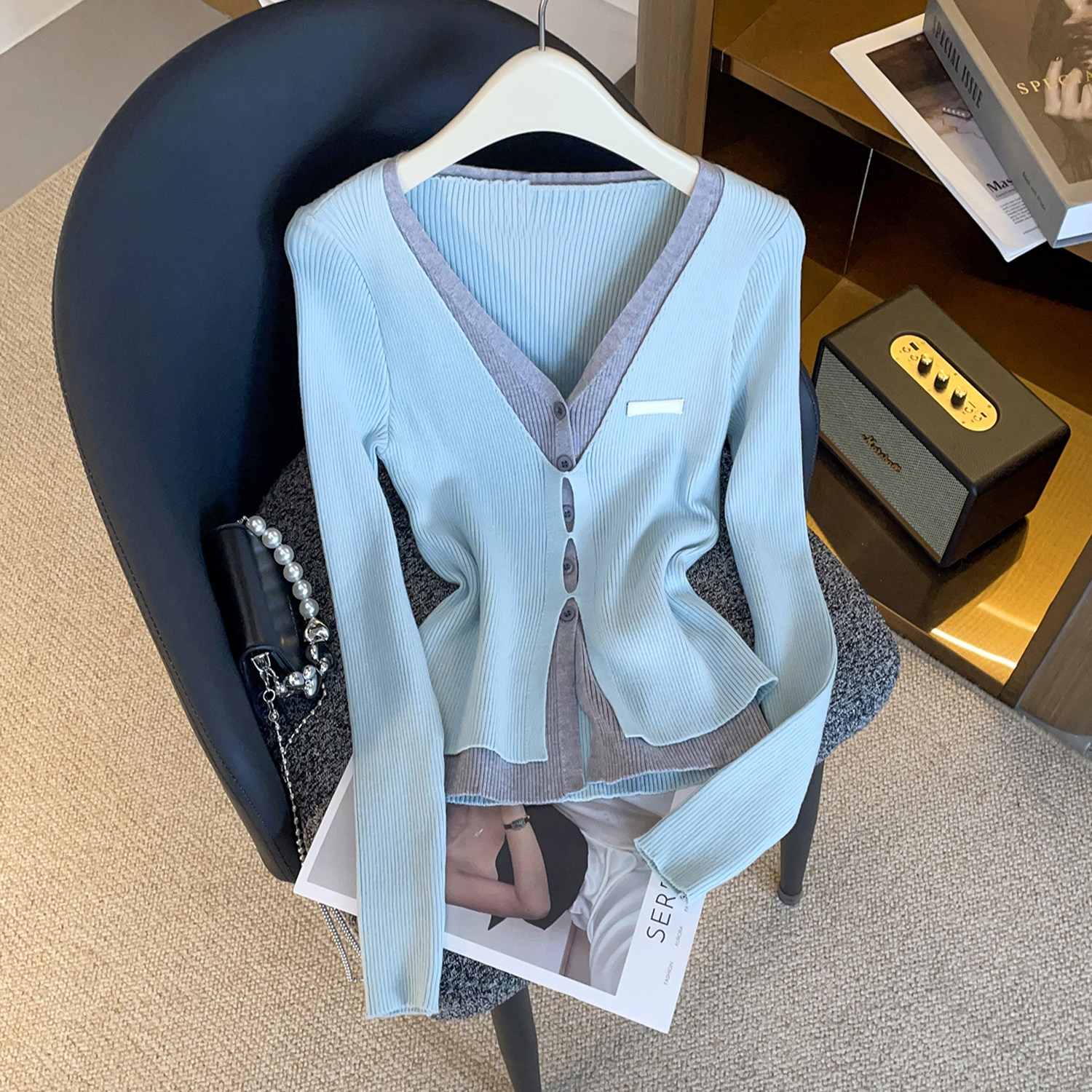 深圳南油高端女装2026春季新款法式小香风假两件撞色边毛针织衫女