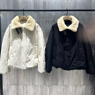 深圳南油高端女装2025冬新款羊羔毛翻领羽绒服女短款加厚保暖外套