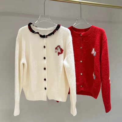 碎褶荷叶边领口小马提花毛织开衫