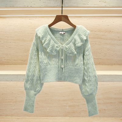 温柔少女荷叶边短款V领针织开衫