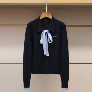 深圳南油高端女装2025冬季新款修身翻领系带撞色毛织开衫毛衣外套