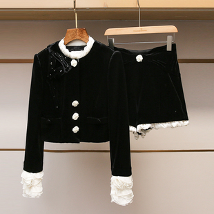 深圳南油高端女装2025冬季新款法式甜美蝴蝶结丝绒花边短外套套装