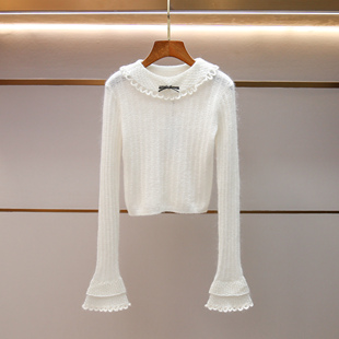 [现货]深圳南油高端女装25冬季荷叶领蝴蝶结喇叭袖修身内搭针织衫