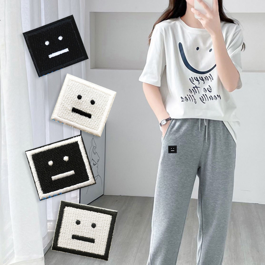 贴布贴花装饰贴徽章贴刺绣背胶熨烫黑白机器人脸笑脸方的脸