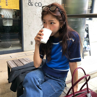 韩国八奶theBarnnet宽松百搭复古撞色针织短袖 2025春夏新款 上衣女