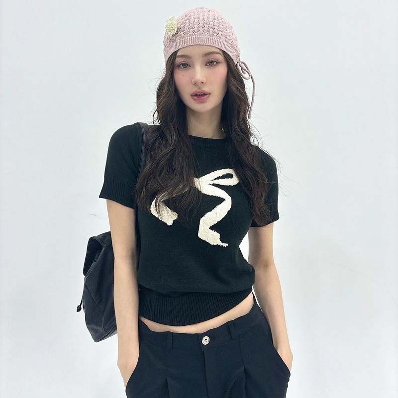 lana同款蝴蝶结图案针织短袖女