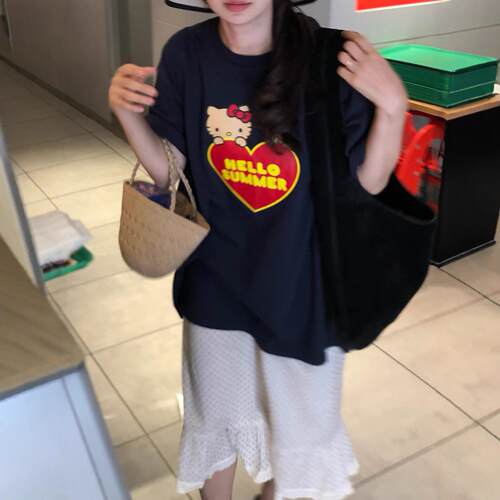 韩系女装韩国小众fa*ven夏季新款中长款宽松纯棉显白短袖T恤