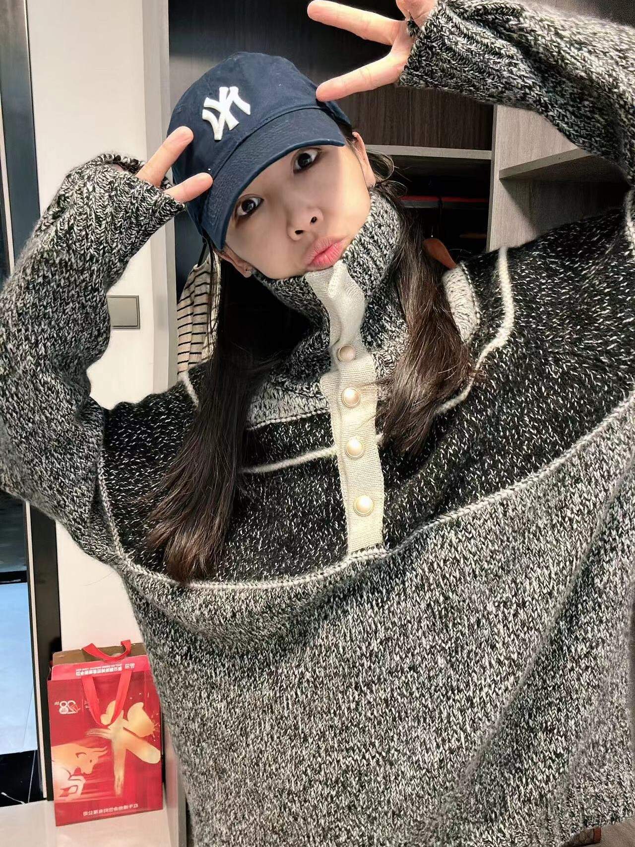【小张】重磅加厚纯山羊绒花线套头羊绒衫女半开领排扣慵懒毛衣