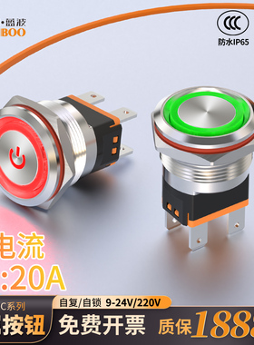 蓝波22C金属大电流按钮开关20安厂家直销不锈钢带灯防水24V220V