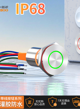 蓝波19F1金属按钮开关自锁底部灌胶带线款防水IP67三色带灯19mm