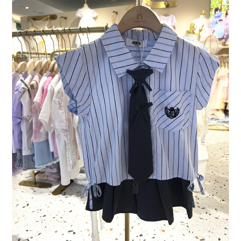 夏季女童JK套裙纯棉儿童衬衫短裙两件女孩学院风条纹短袖休闲套装