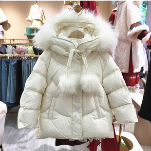 冬季儿童白色羽绒服中大女童连帽狐狸毛领加厚保暖外套蓬松鸭绒衣