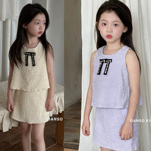 DS正品女童夏季无袖背心+裤衩半裙小香风亮钻蕾丝蝴蝶结套装