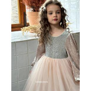 DS韩系女童小香风裙子儿童秋冬季亮钻长袖连衣裙香槟金轻奢丝绒裙