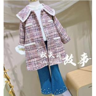女童小香风呢子大衣秋冬季儿童洋气夹棉毛呢外套中长款娃娃领韩版