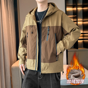 男士加绒防水夹克秋冬美宽松情侣休闲拼接连帽防水冲锋衣AJ129P60图片