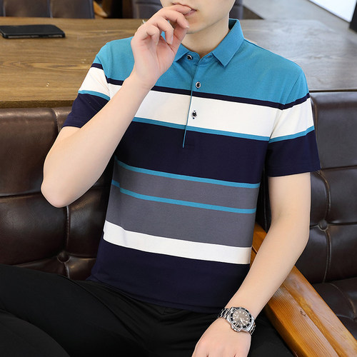 夏新款男士条纹短袖T恤全棉薄款商务翻领男装polo衫男款PL2333P36