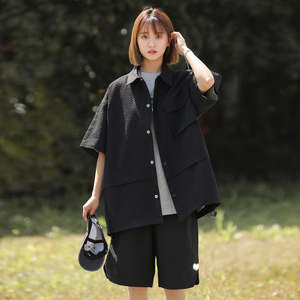 2026新款套装男女同款夏季潮休闲隐形泡泡哥短袖衬衫套装 C73P70图片