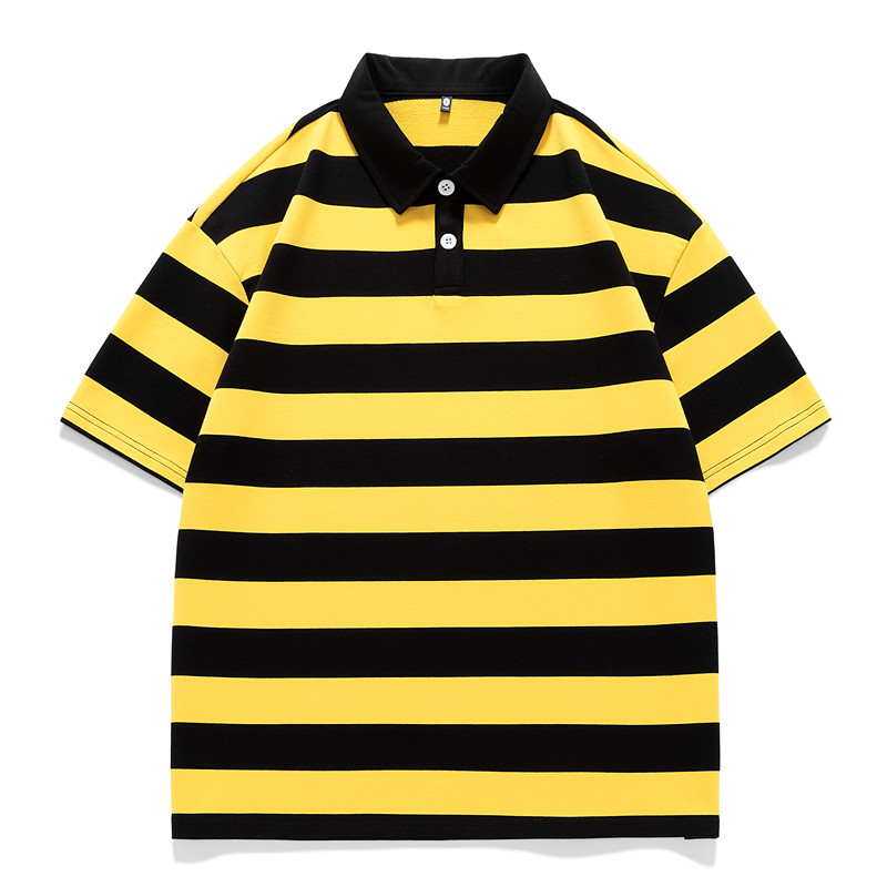 夏季美式短袖纯棉T恤男翻领情侣款落肩条纹POLO衫五分袖PL3366P40，男装Polo衫，星座1410（原1902A）