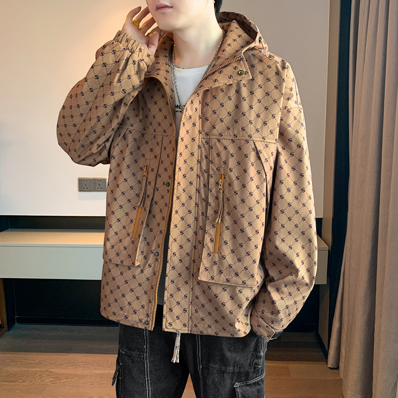迷彩格子外套男春秋款连帽印花青少年女装冲锋衣大码夹克J76P90,男装夹克,星座1410（原1902A）