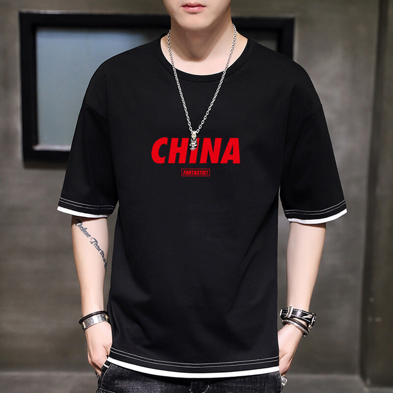 新款韩宽松短袖t恤男半袖纯棉假两件短袖T恤DT1010-红字CHINA-P20,男装T恤,星座1410（原1902A）