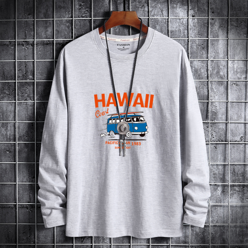 Spring new Korean fashion men's cotton crew neck long sleeve t-shirt men's large Hawaii car