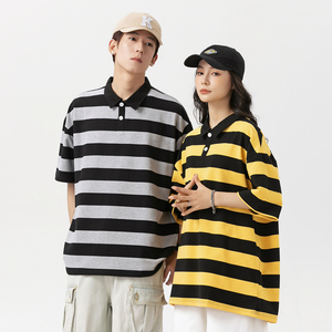 中性款POLO衫夏季短袖重磅棉质条纹翻领青少年T恤衫二开PL3366P40,大敏穿搭日常图片