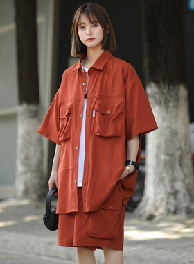 2024新套装男女同款夏季潮牌百搭休闲泡泡条短袖衬衫套装 C76P75