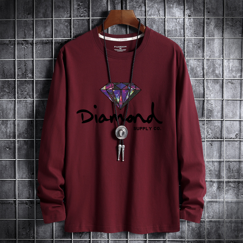 Spring new Korean men's large cotton round neck long sleeve shirt men's Fashion Star Diamond