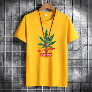 夏季男士短袖t恤潮流潮牌纯棉衣服2021新款DT4292-SUP绿叶-P15,米色的昵子衣怎么搭配衣服好看图片