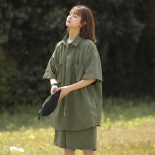 男女同款 套装 夏季 衬衫 C71P75 潮牌百搭休闲长城格短袖 2024新套装